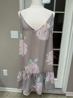 Like Mynded Taupe Floral Ruffle Mini Dress Sleeveless V Neck Lined Size M